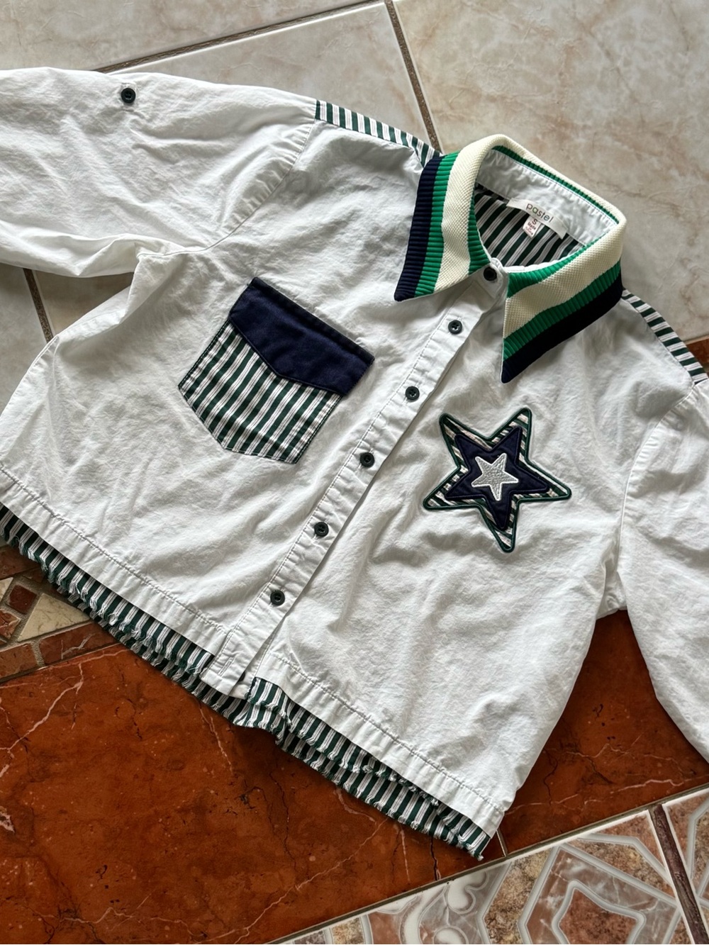 Pastels Clothing White Jacket with Green & Navy Accents - Star Patch